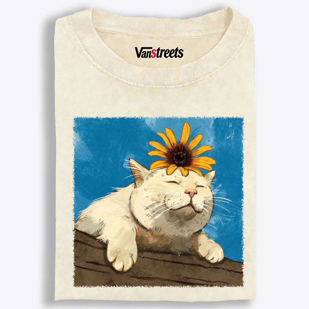 Chill Cat With Sunflower On Head Retro Washed T-Shirt | 100% Cotton | Streetwear Essential