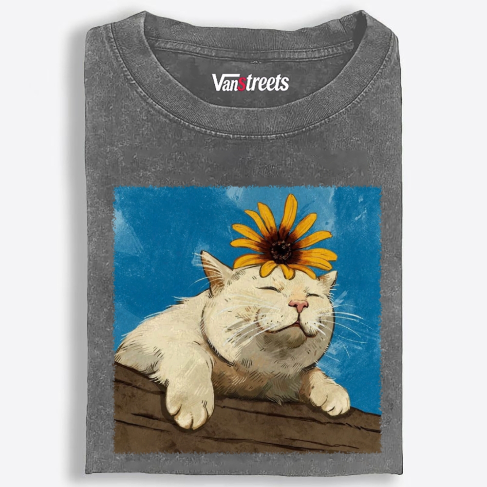 Chill Cat With Sunflower On Head Retro Washed T-Shirt | 100% Cotton | Streetwear Essential