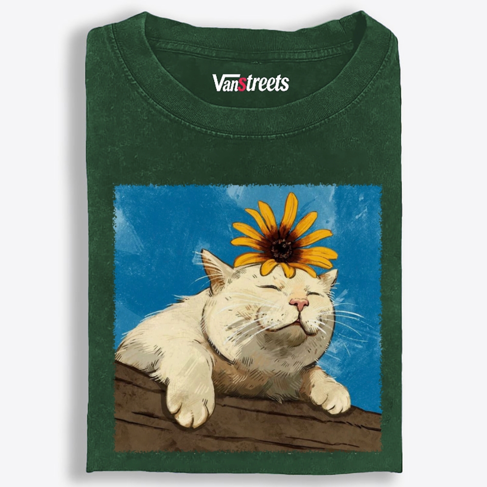 Chill Cat With Sunflower On Head Retro Washed T-Shirt | 100% Cotton | Streetwear Essential