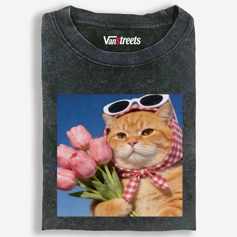Tulip Gentleman Cat Retro Washed T-Shirt | 100% Cotton | Streetwear Essential