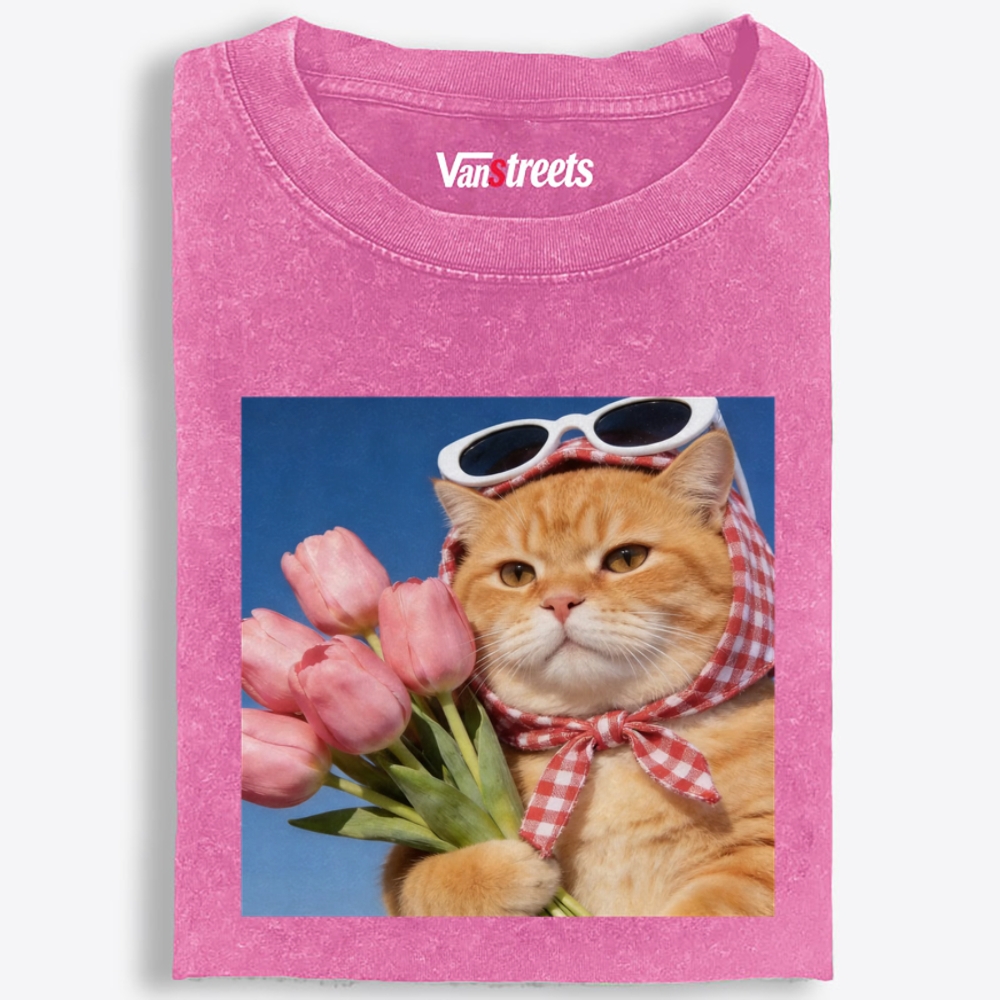 Tulip Gentleman Cat Retro Washed T-Shirt | 100% Cotton | Streetwear Essential