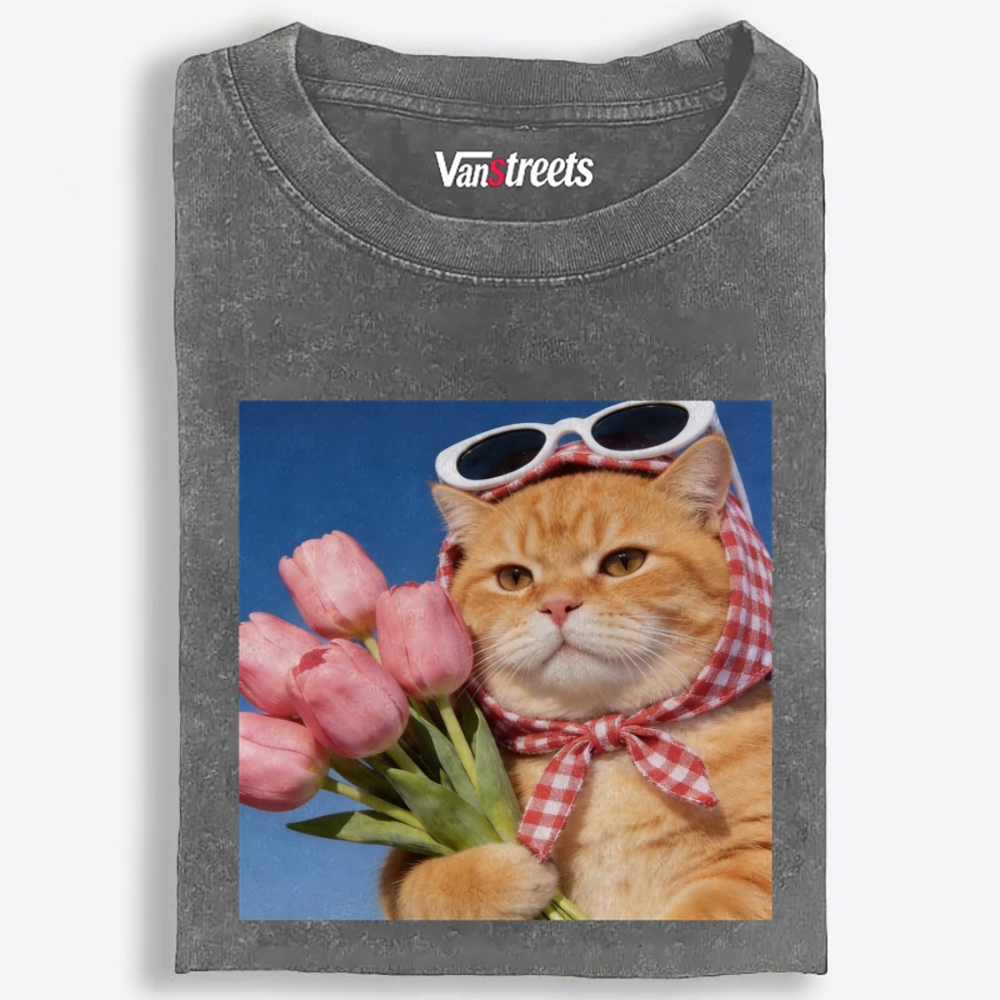 Tulip Gentleman Cat Retro Washed T-Shirt | 100% Cotton | Streetwear Essential