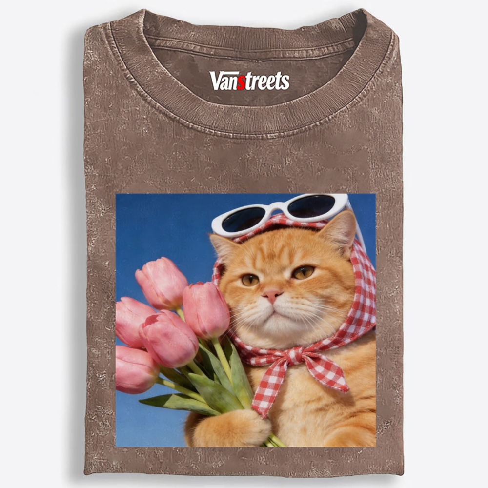Tulip Gentleman Cat Retro Washed T-Shirt | 100% Cotton | Streetwear Essential