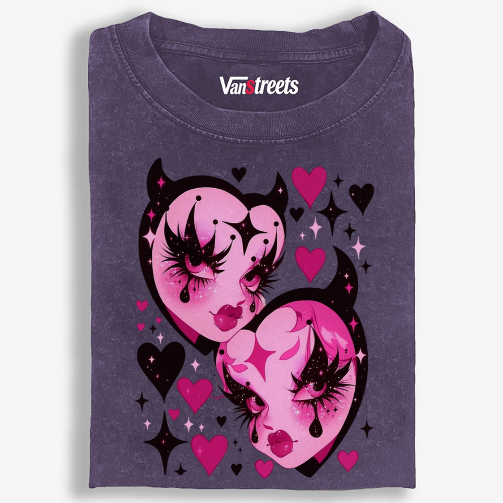Devil Heart Sisters Retro Washed T-Shirt | 100% Cotton | Streetwear Essential