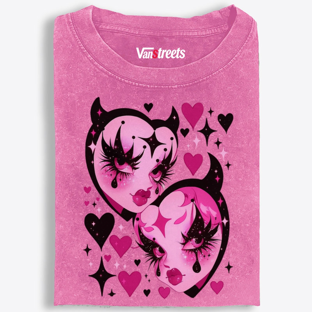 Devil Heart Sisters Retro Washed T-Shirt | 100% Cotton | Streetwear Essential