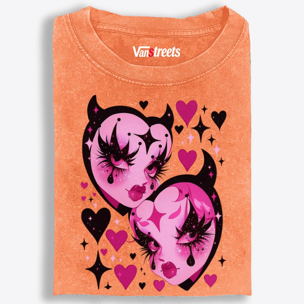 Devil Heart Sisters Retro Washed T-Shirt | 100% Cotton | Streetwear Essential