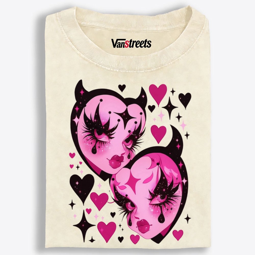 Devil Heart Sisters Retro Washed T-Shirt | 100% Cotton | Streetwear Essential