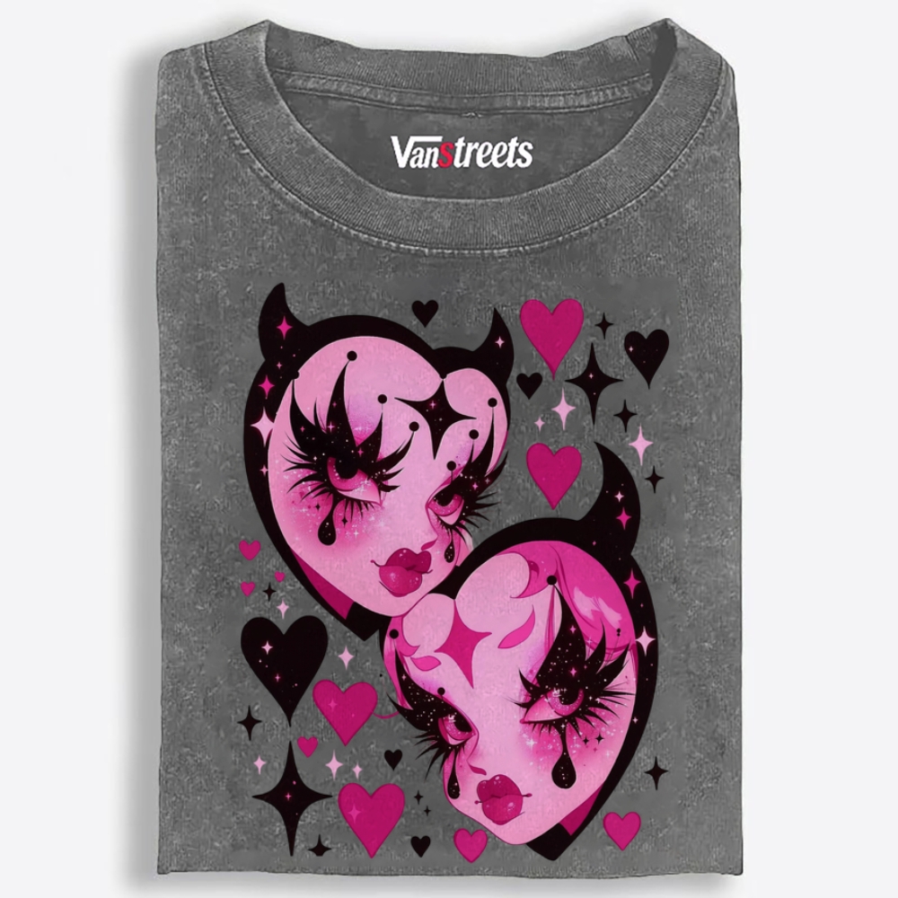 Devil Heart Sisters Retro Washed T-Shirt | 100% Cotton | Streetwear Essential