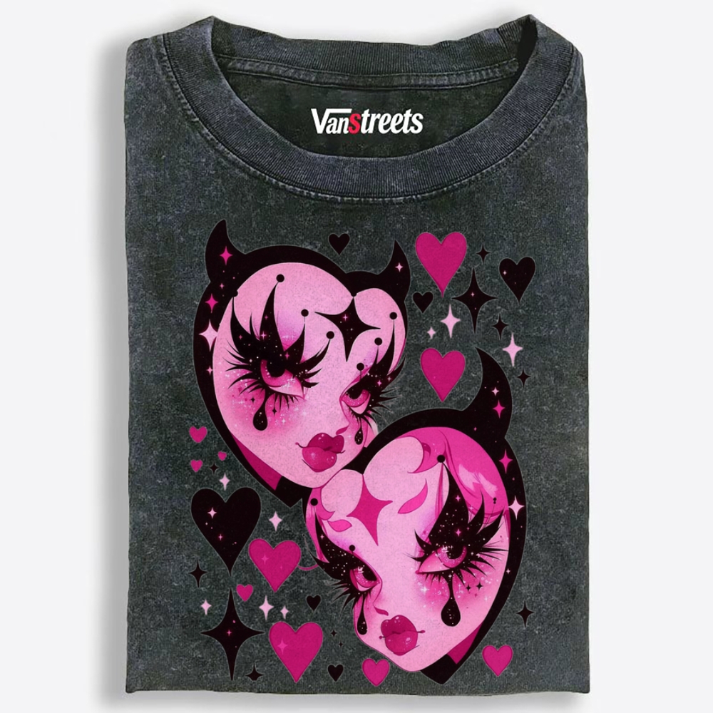 Devil Heart Sisters Retro Washed T-Shirt | 100% Cotton | Streetwear Essential