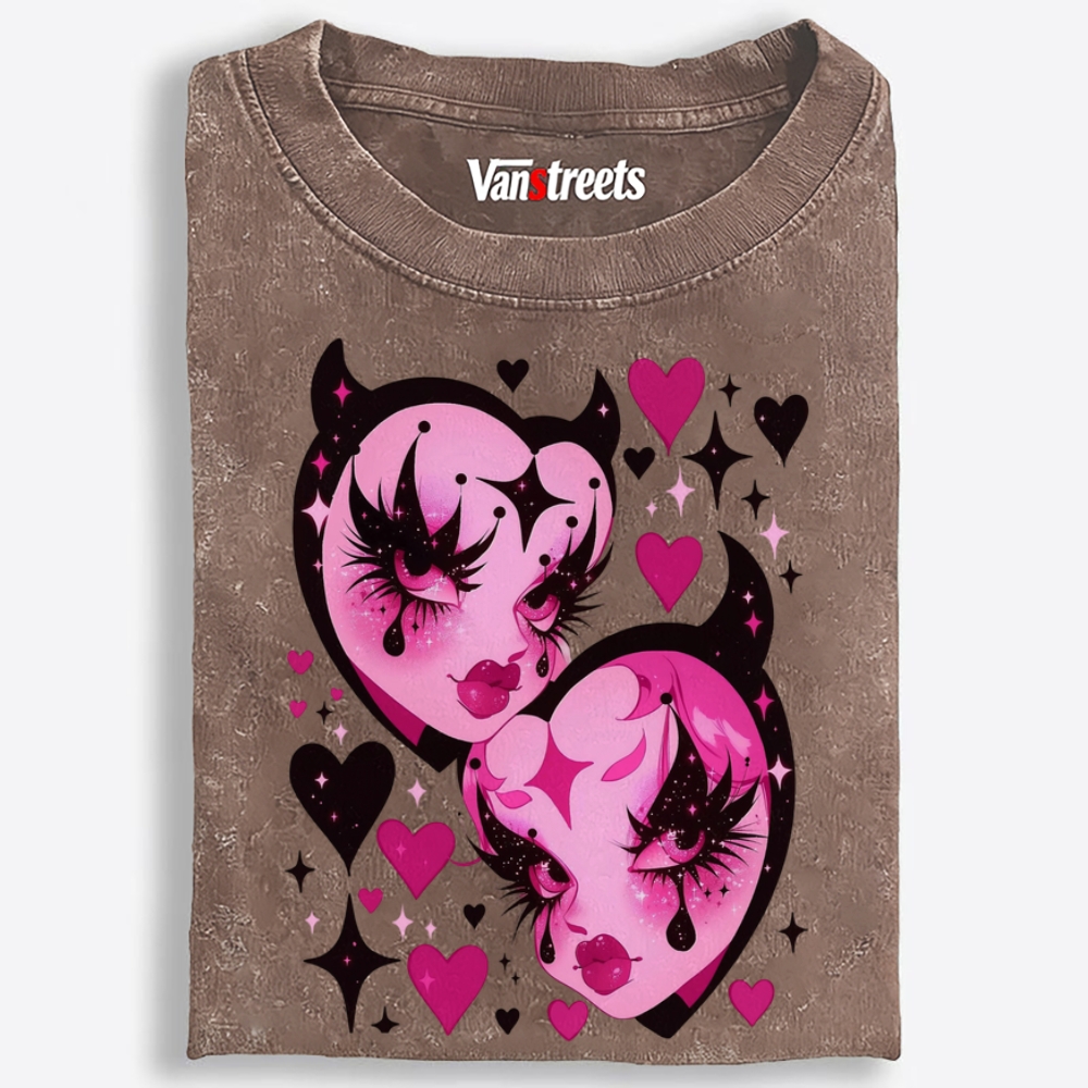 Devil Heart Sisters Retro Washed T-Shirt | 100% Cotton | Streetwear Essential