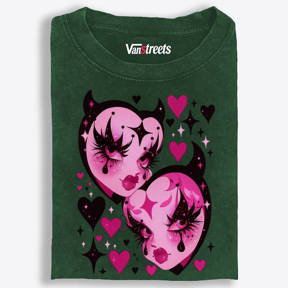 Devil Heart Sisters Retro Washed T-Shirt | 100% Cotton | Streetwear Essential