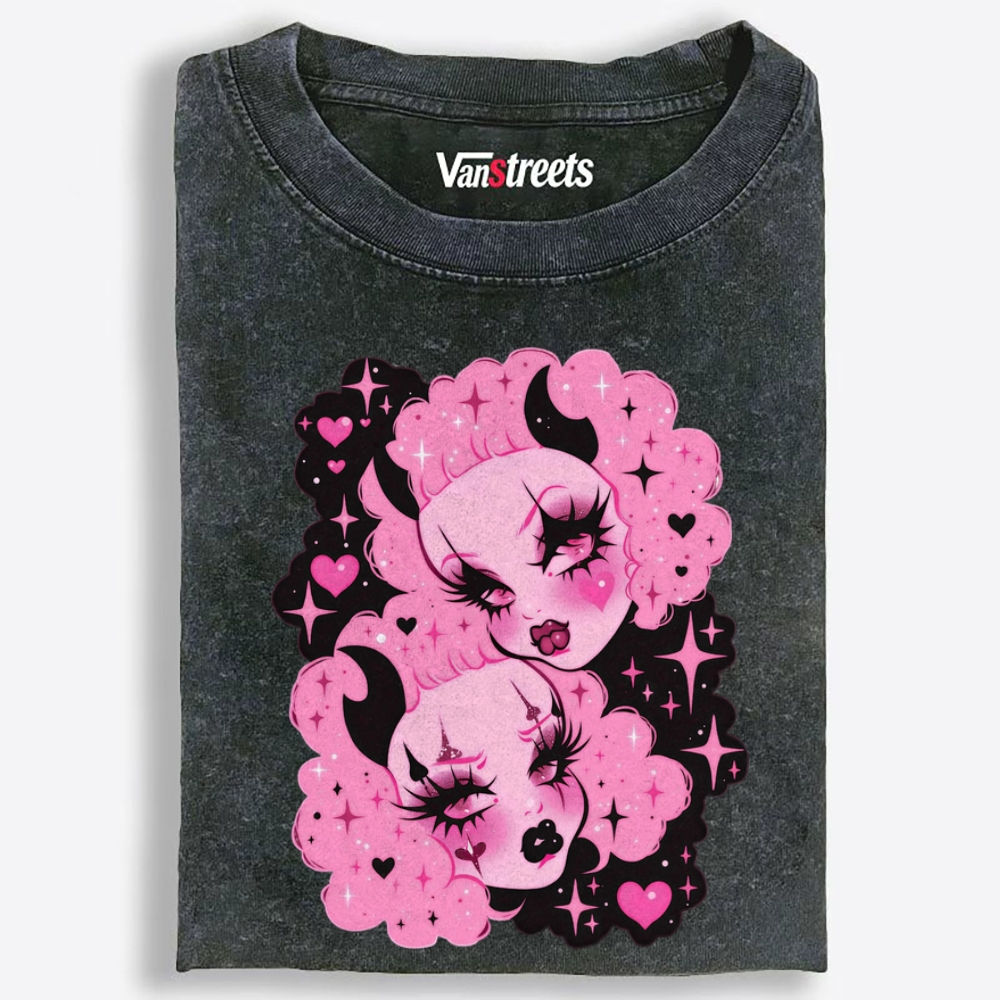 Pink Cloud Devil Girls Retro Washed T-Shirt | 100% Cotton | Streetwear Essential