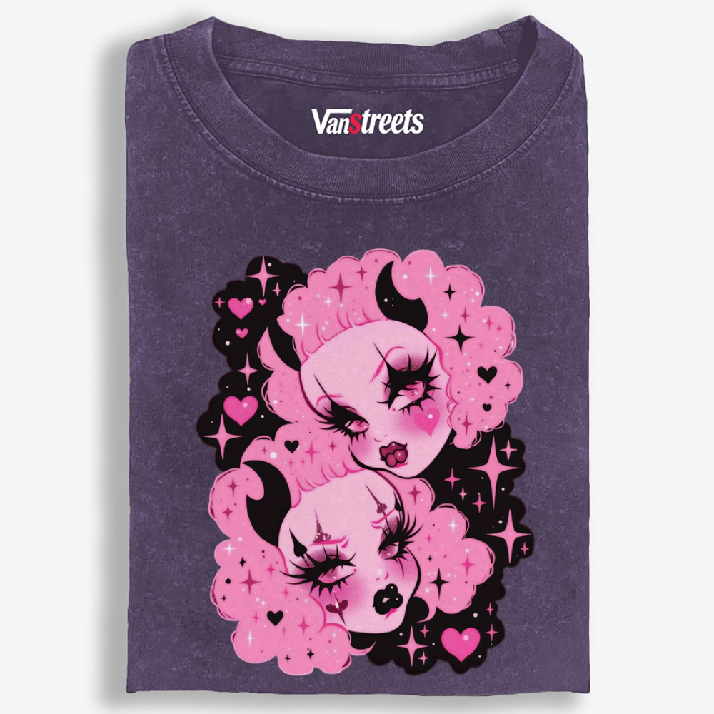 Pink Cloud Devil Girls Retro Washed T-Shirt | 100% Cotton | Streetwear Essential