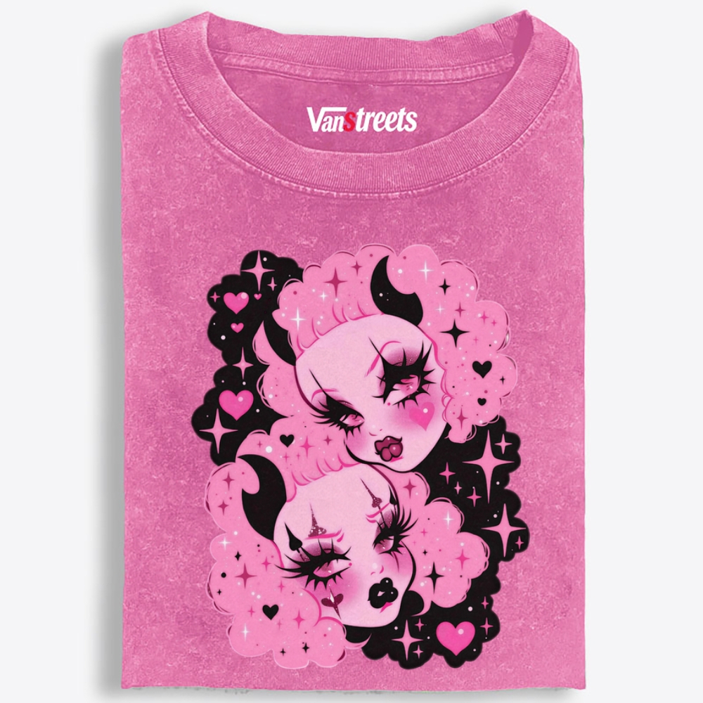 Pink Cloud Devil Girls Retro Washed T-Shirt | 100% Cotton | Streetwear Essential