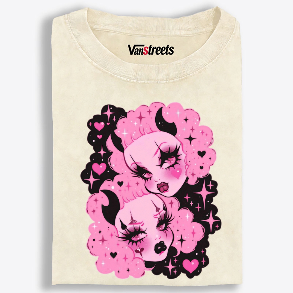 Pink Cloud Devil Girls Retro Washed T-Shirt | 100% Cotton | Streetwear Essential