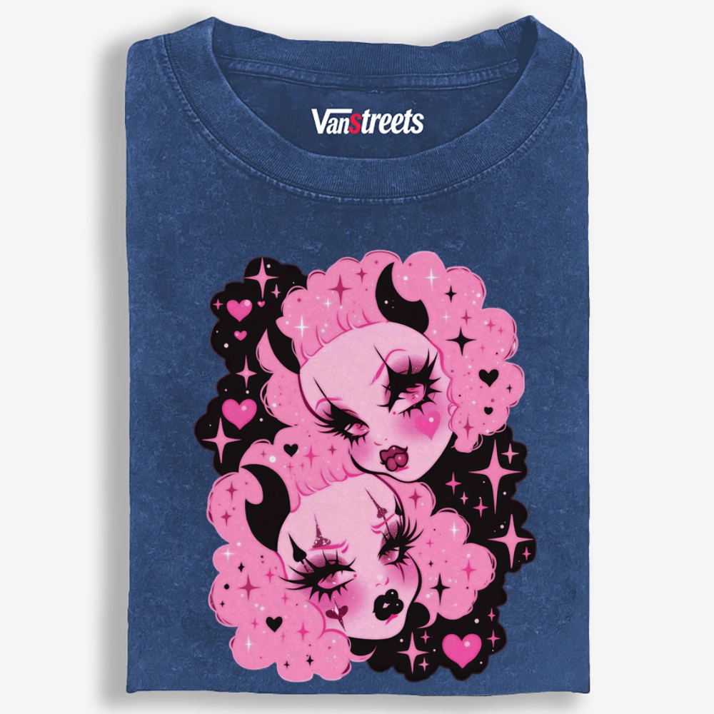 Pink Cloud Devil Girls Retro Washed T-Shirt | 100% Cotton | Streetwear Essential