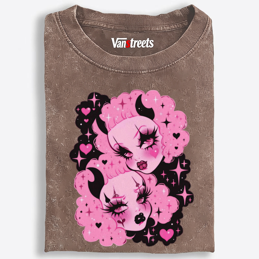 Pink Cloud Devil Girls Retro Washed T-Shirt | 100% Cotton | Streetwear Essential
