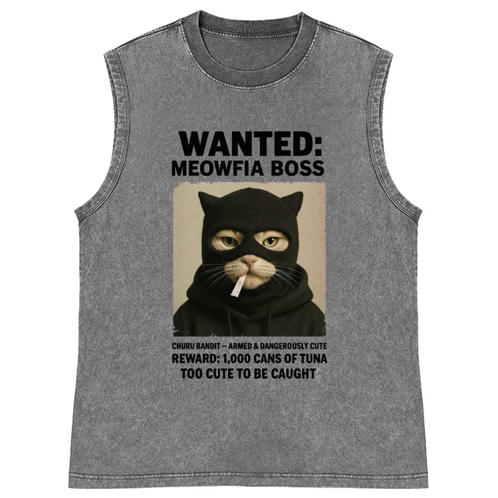 Wanted Meowfia Boss Cat Graphic Washed Tank Top