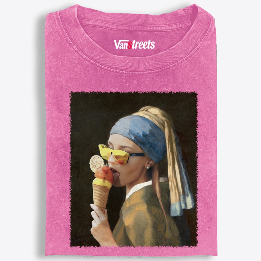 Pearl Earring Ice Cream Girl Retro Washed T-Shirt | 100% Cotton | Streetwear Essential