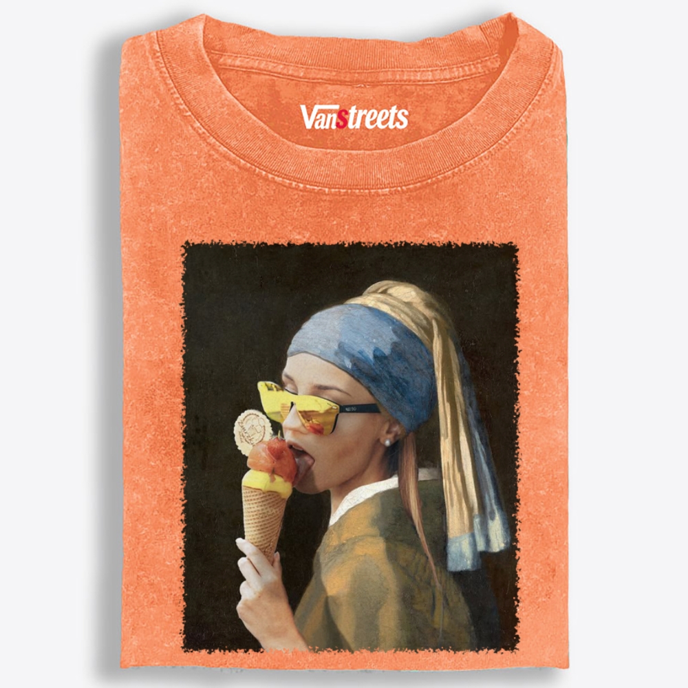 Pearl Earring Ice Cream Girl Retro Washed T-Shirt | 100% Cotton | Streetwear Essential