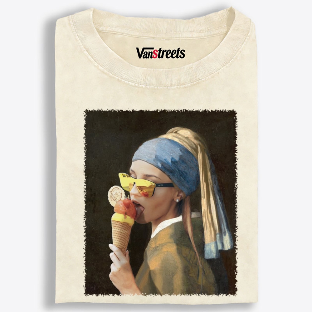 Pearl Earring Ice Cream Girl Retro Washed T-Shirt | 100% Cotton | Streetwear Essential