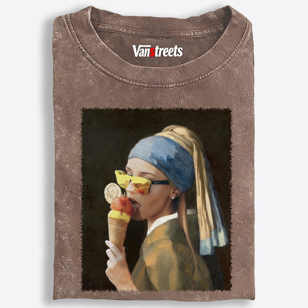 Pearl Earring Ice Cream Girl Retro Washed T-Shirt | 100% Cotton | Streetwear Essential