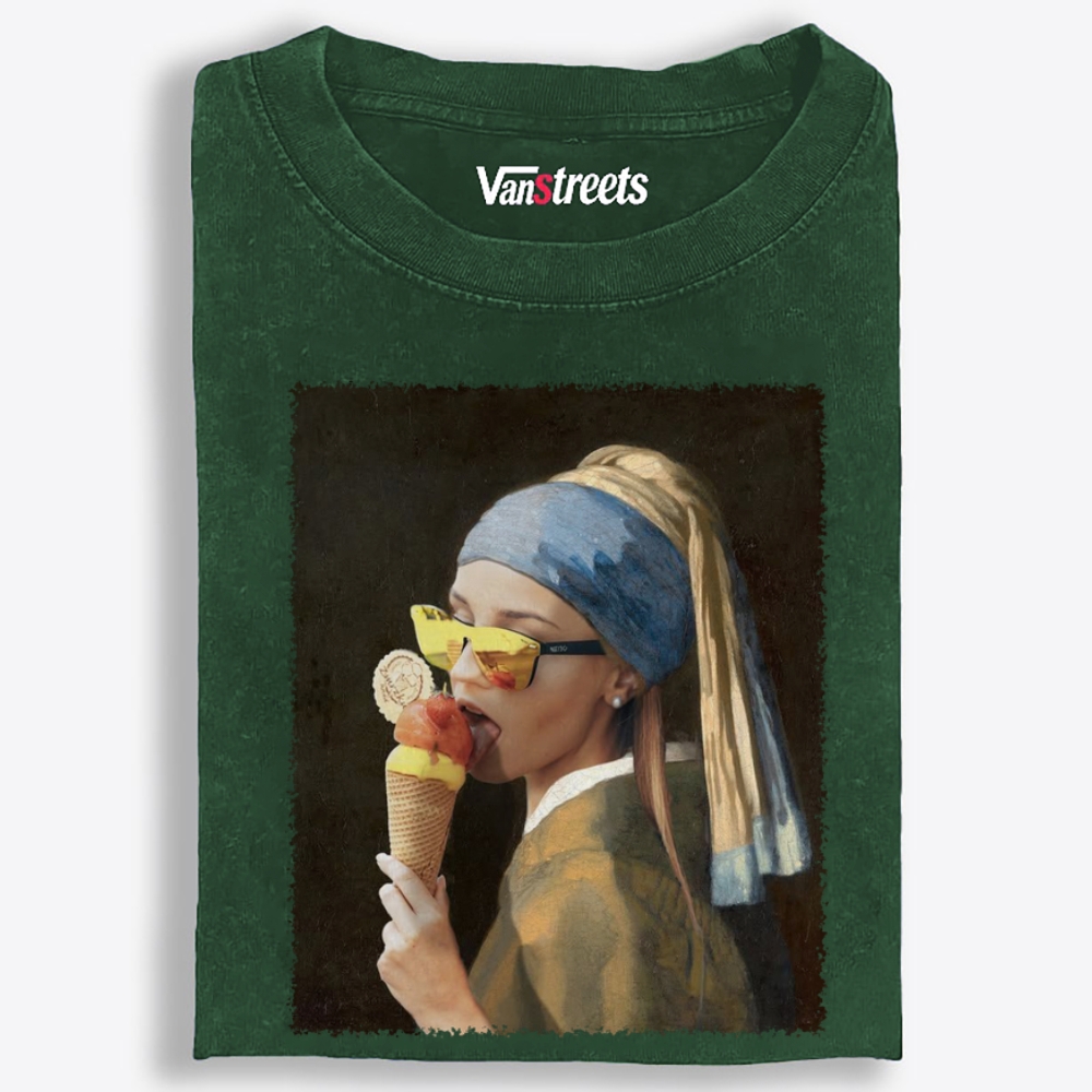 Pearl Earring Ice Cream Girl Retro Washed T-Shirt | 100% Cotton | Streetwear Essential