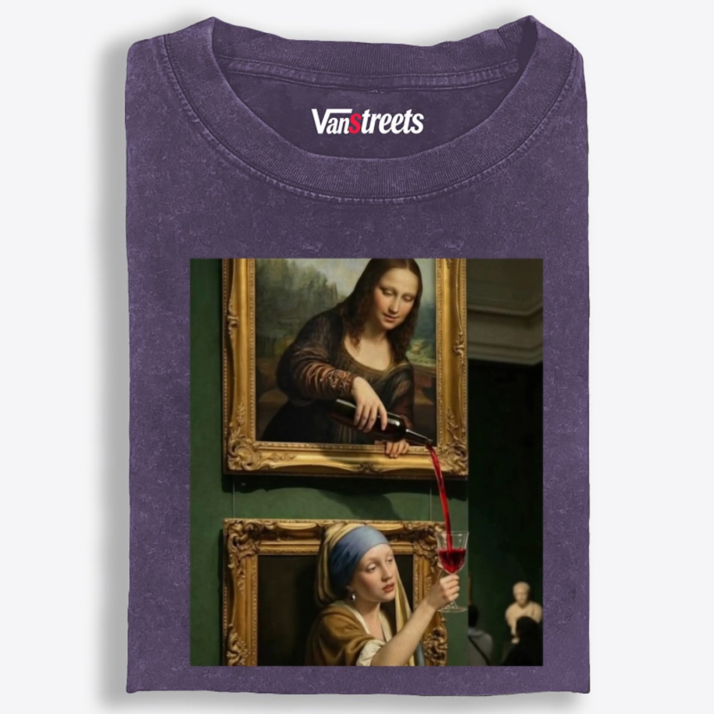 Mona Lisa Pouring Wine Retro Washed T-Shirt | 100% Cotton | Streetwear Essential