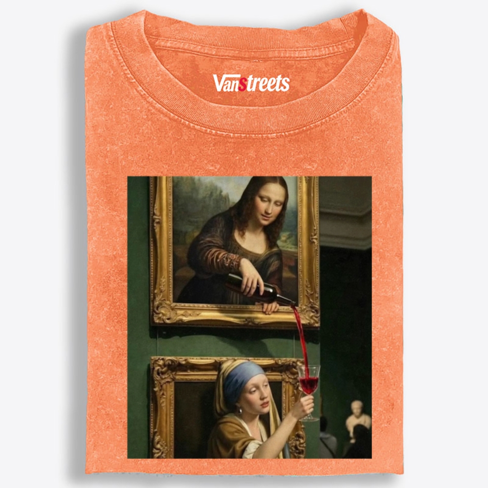 Mona Lisa Pouring Wine Retro Washed T-Shirt | 100% Cotton | Streetwear Essential
