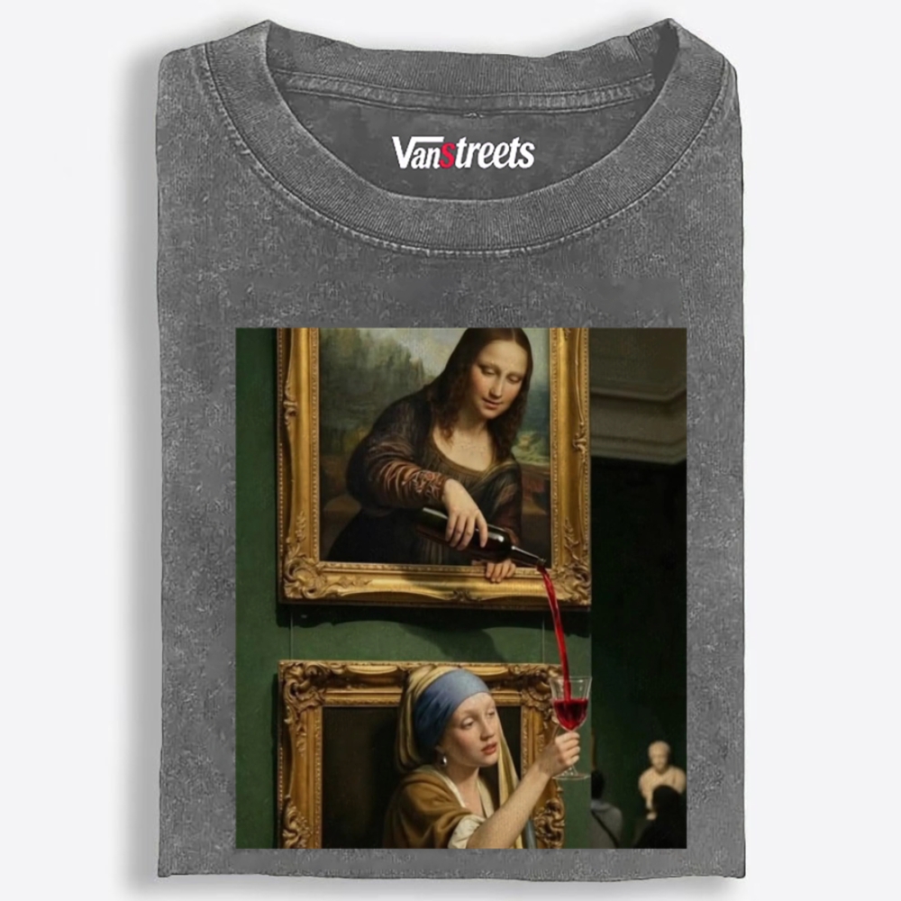 Mona Lisa Pouring Wine Retro Washed T-Shirt | 100% Cotton | Streetwear Essential