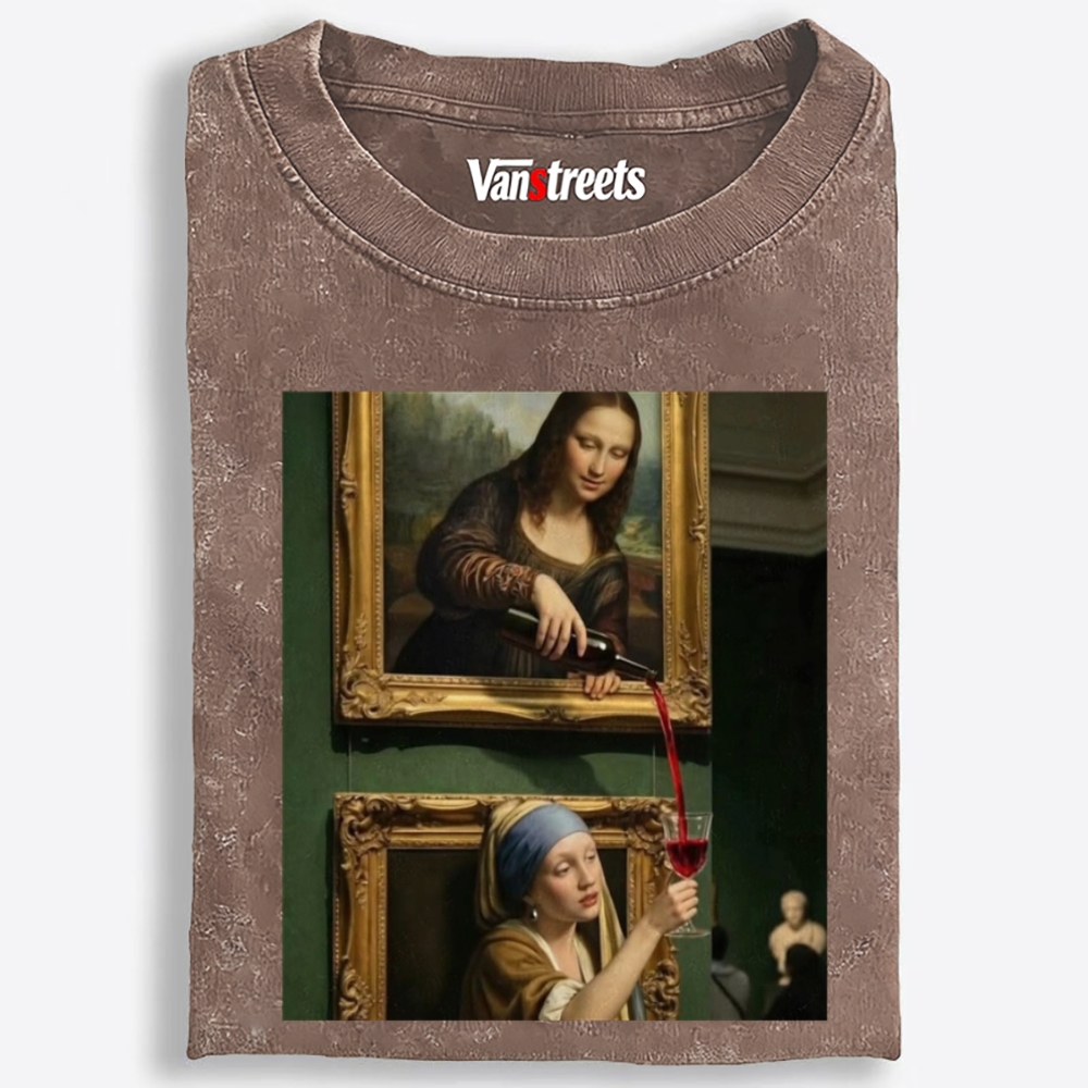 Mona Lisa Pouring Wine Retro Washed T-Shirt | 100% Cotton | Streetwear Essential