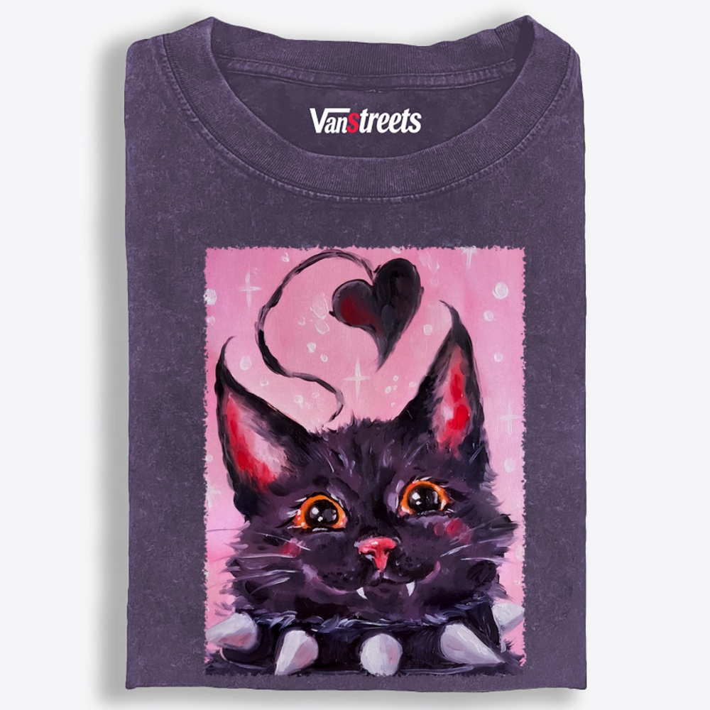 Black Heart Orange Eyes Cat Retro Washed T-Shirt | 100% Cotton | Streetwear Essential