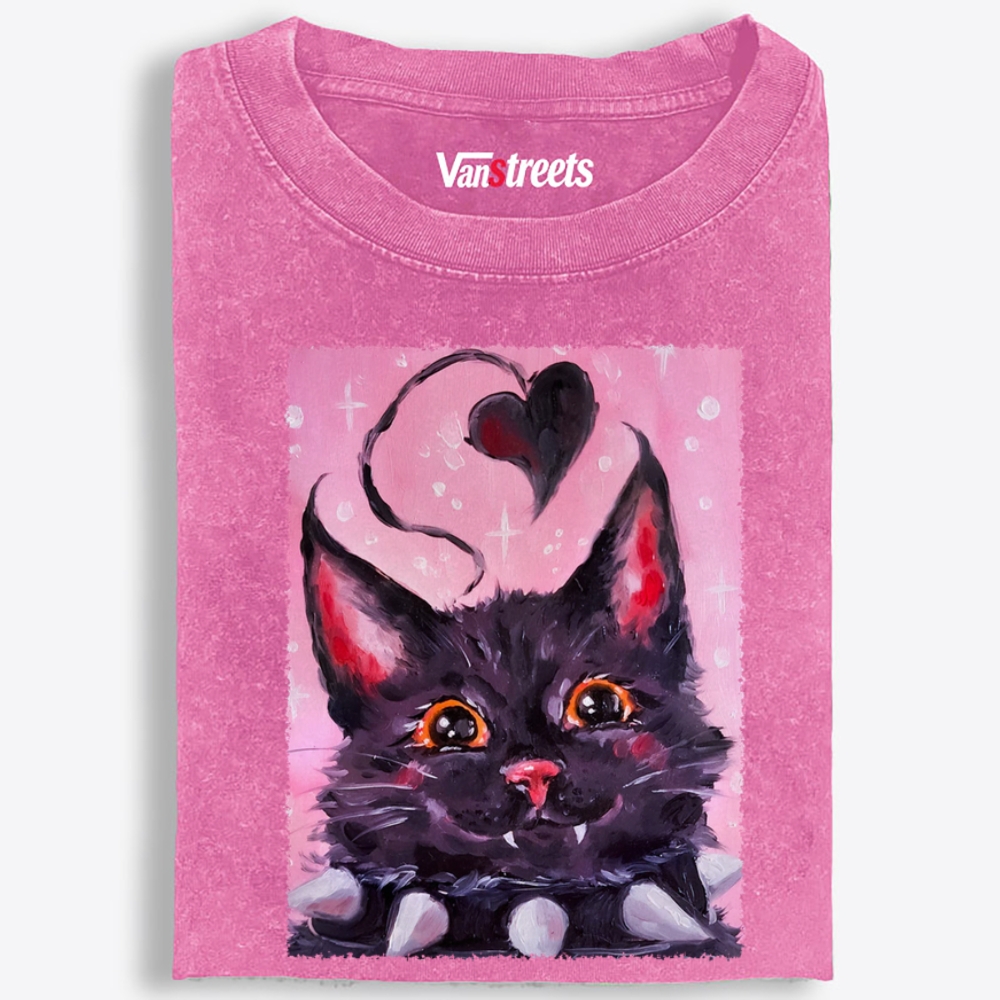 Black Heart Orange Eyes Cat Retro Washed T-Shirt | 100% Cotton | Streetwear Essential
