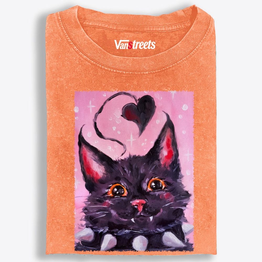Black Heart Orange Eyes Cat Retro Washed T-Shirt | 100% Cotton | Streetwear Essential