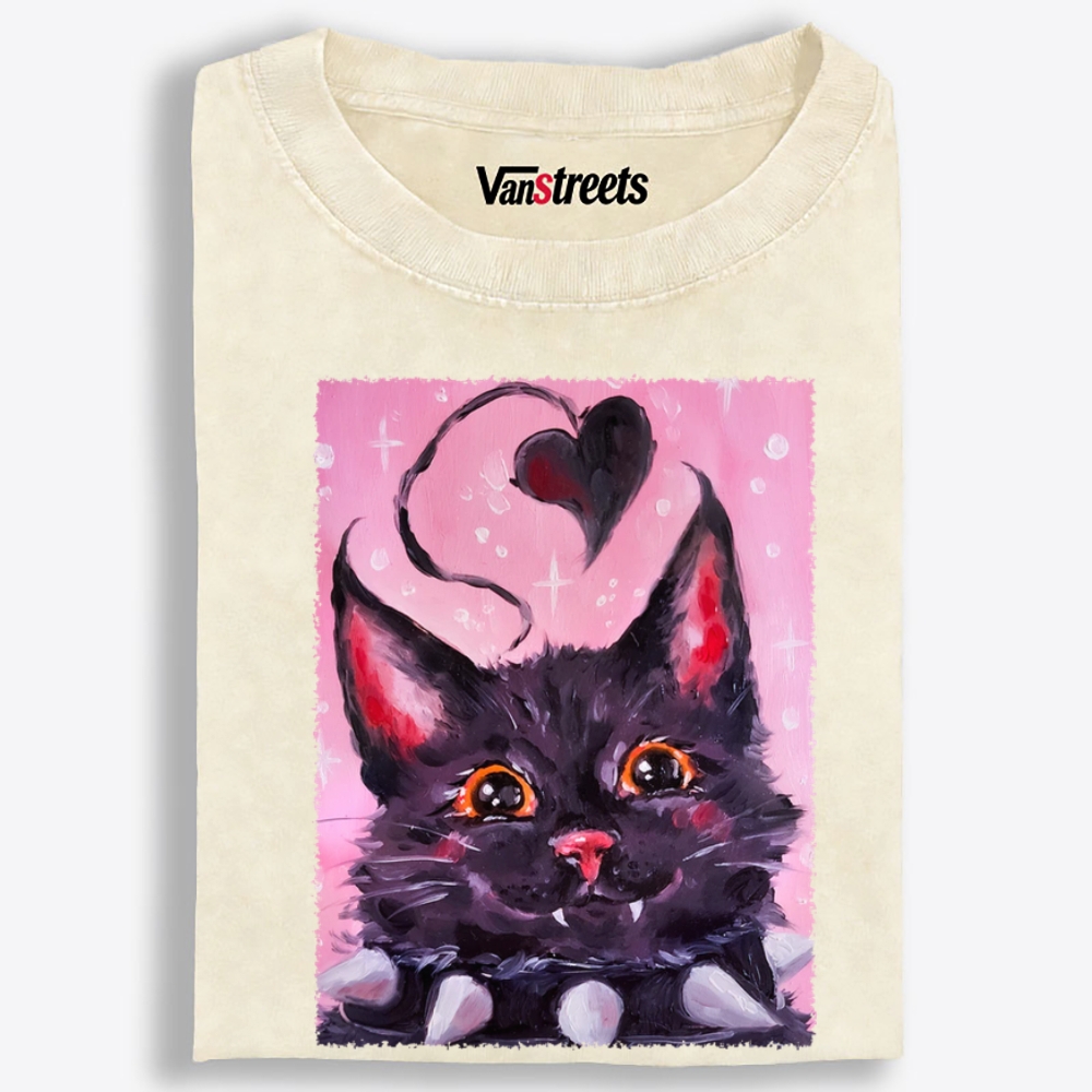 Black Heart Orange Eyes Cat Retro Washed T-Shirt | 100% Cotton | Streetwear Essential