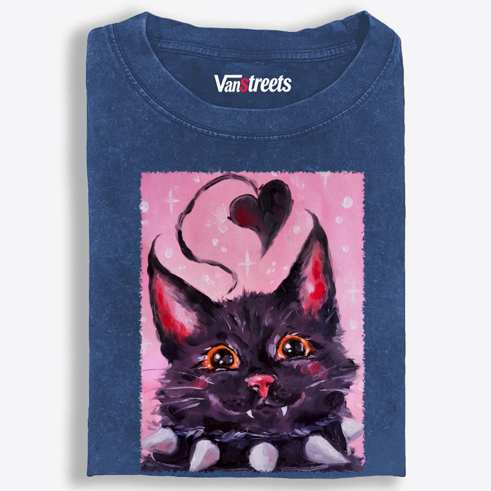 Black Heart Orange Eyes Cat Retro Washed T-Shirt | 100% Cotton | Streetwear Essential