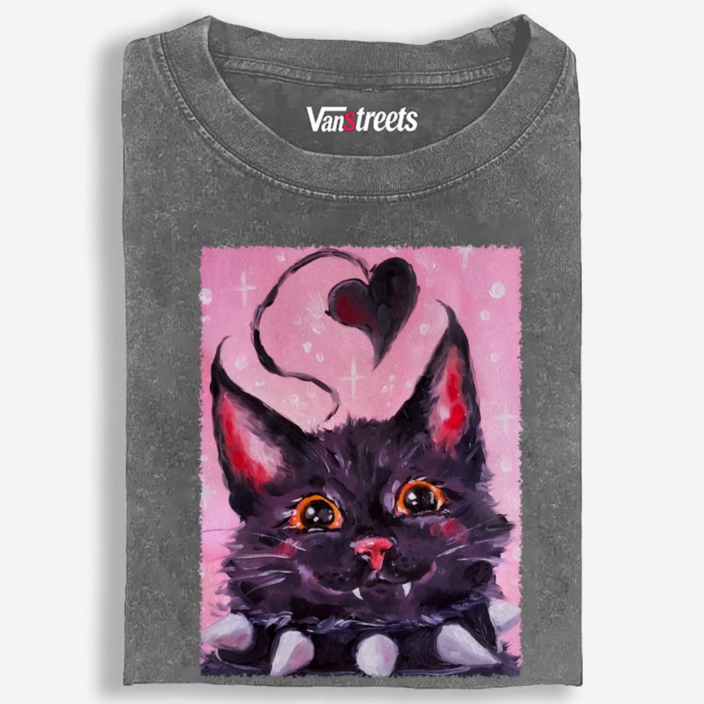 Black Heart Orange Eyes Cat Retro Washed T-Shirt | 100% Cotton | Streetwear Essential
