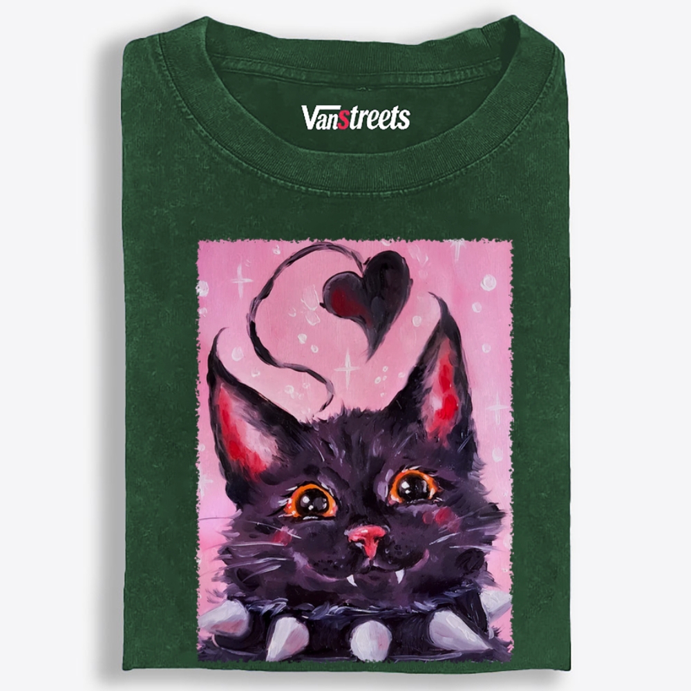 Black Heart Orange Eyes Cat Retro Washed T-Shirt | 100% Cotton | Streetwear Essential