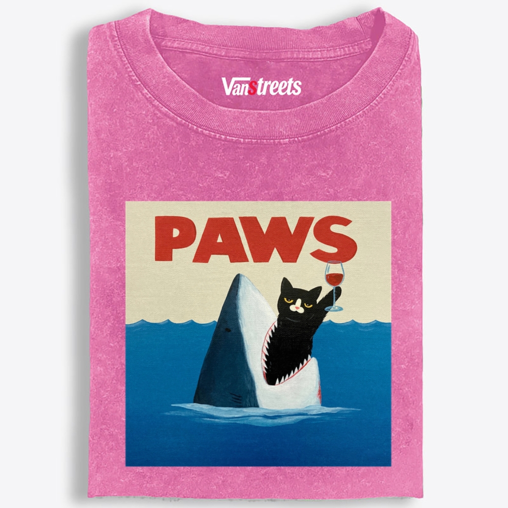 Paws Wine Cat Retro Washed T-Shirt | 100% Cotton | Streetwear Essential