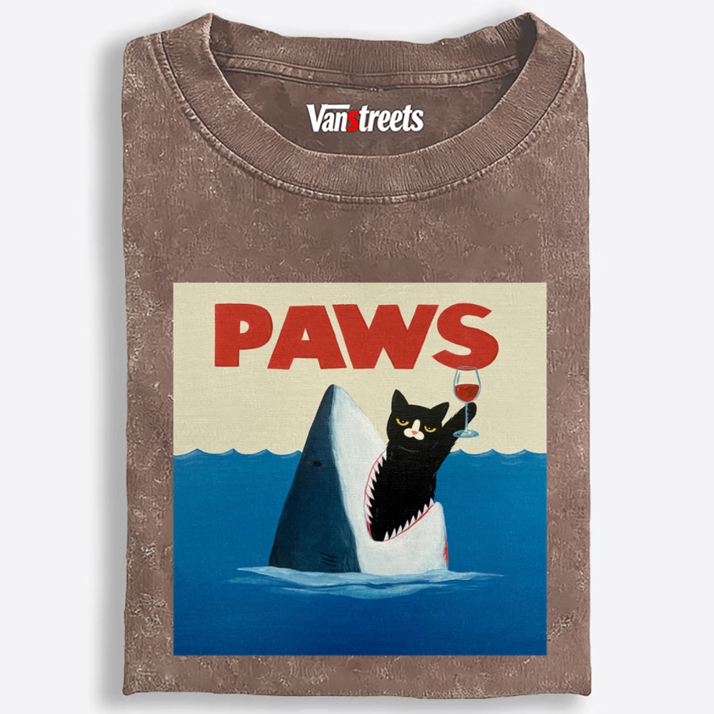 Paws Wine Cat Retro Washed T-Shirt | 100% Cotton | Streetwear Essential