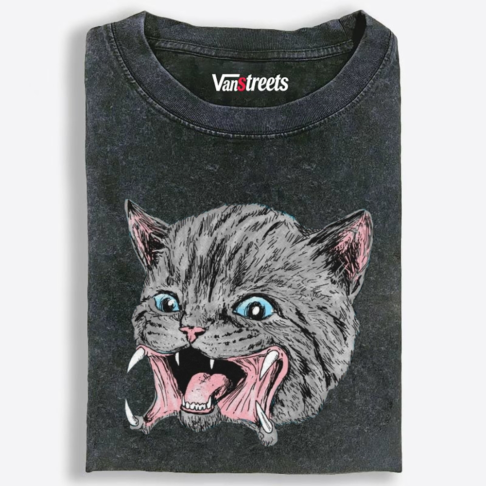 Screaming Gray Cat Retro Washed T-Shirt | 100% Cotton | Streetwear Essential