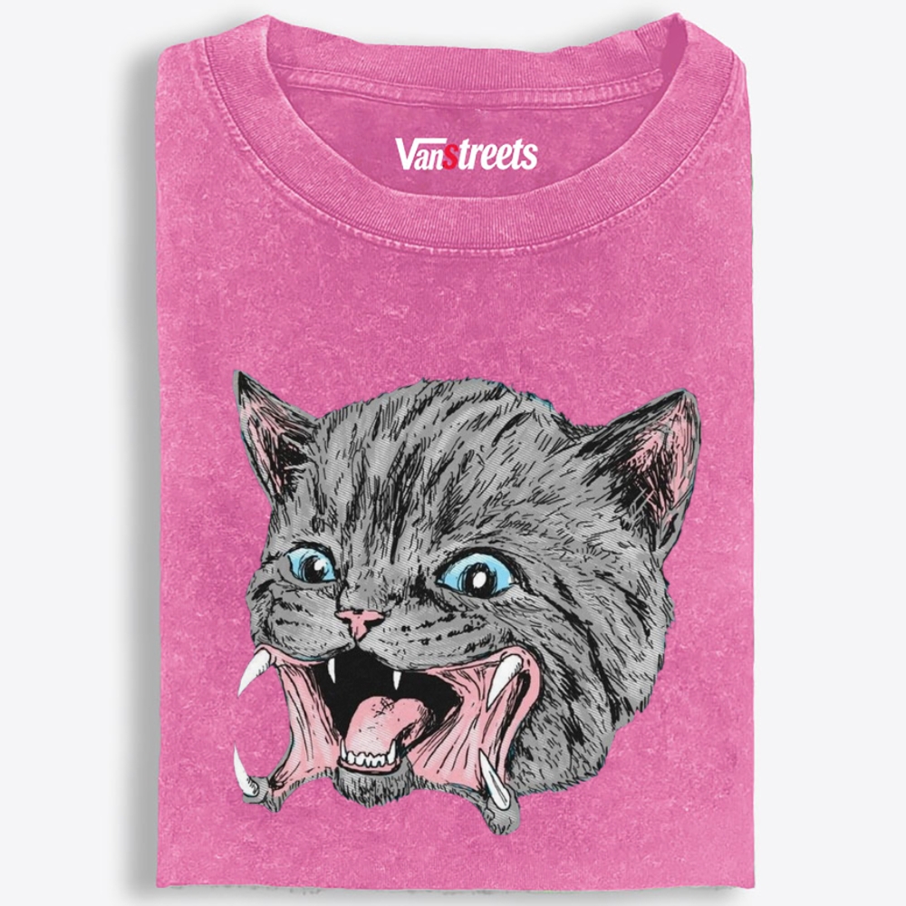 Screaming Gray Cat Retro Washed T-Shirt | 100% Cotton | Streetwear Essential