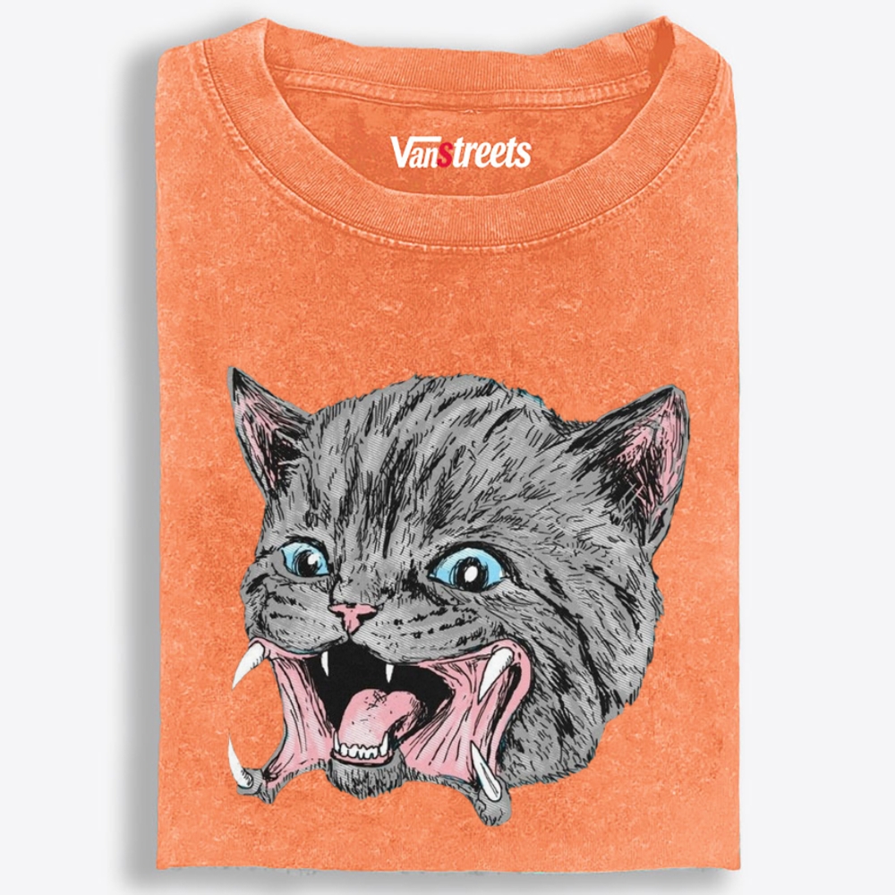 Screaming Gray Cat Retro Washed T-Shirt | 100% Cotton | Streetwear Essential