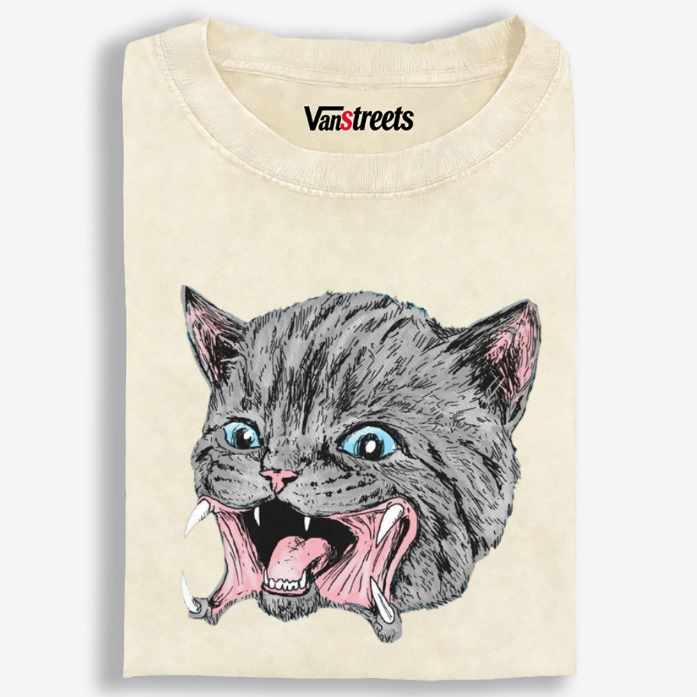 Screaming Gray Cat Retro Washed T-Shirt | 100% Cotton | Streetwear Essential