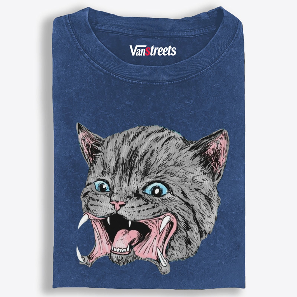 Screaming Gray Cat Retro Washed T-Shirt | 100% Cotton | Streetwear Essential
