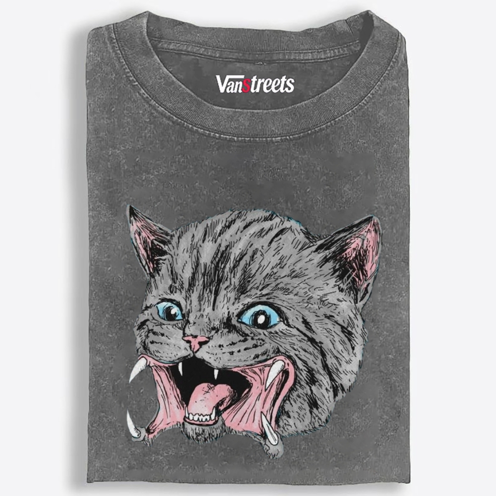 Screaming Gray Cat Retro Washed T-Shirt | 100% Cotton | Streetwear Essential