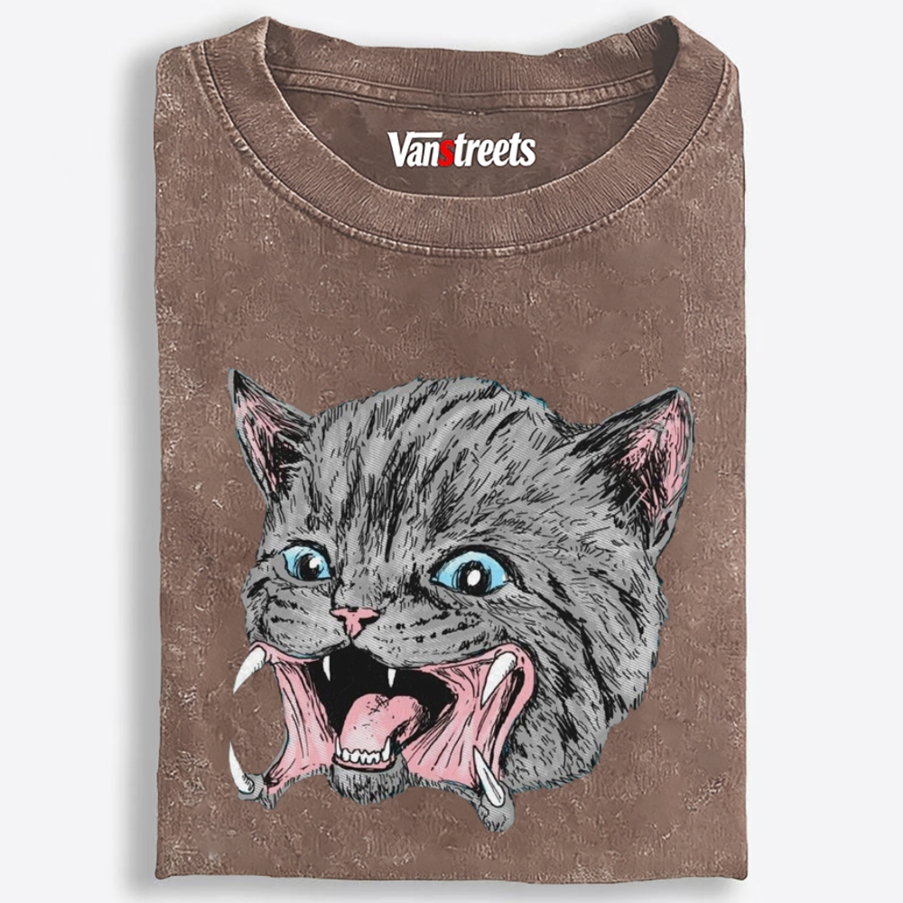 Screaming Gray Cat Retro Washed T-Shirt | 100% Cotton | Streetwear Essential
