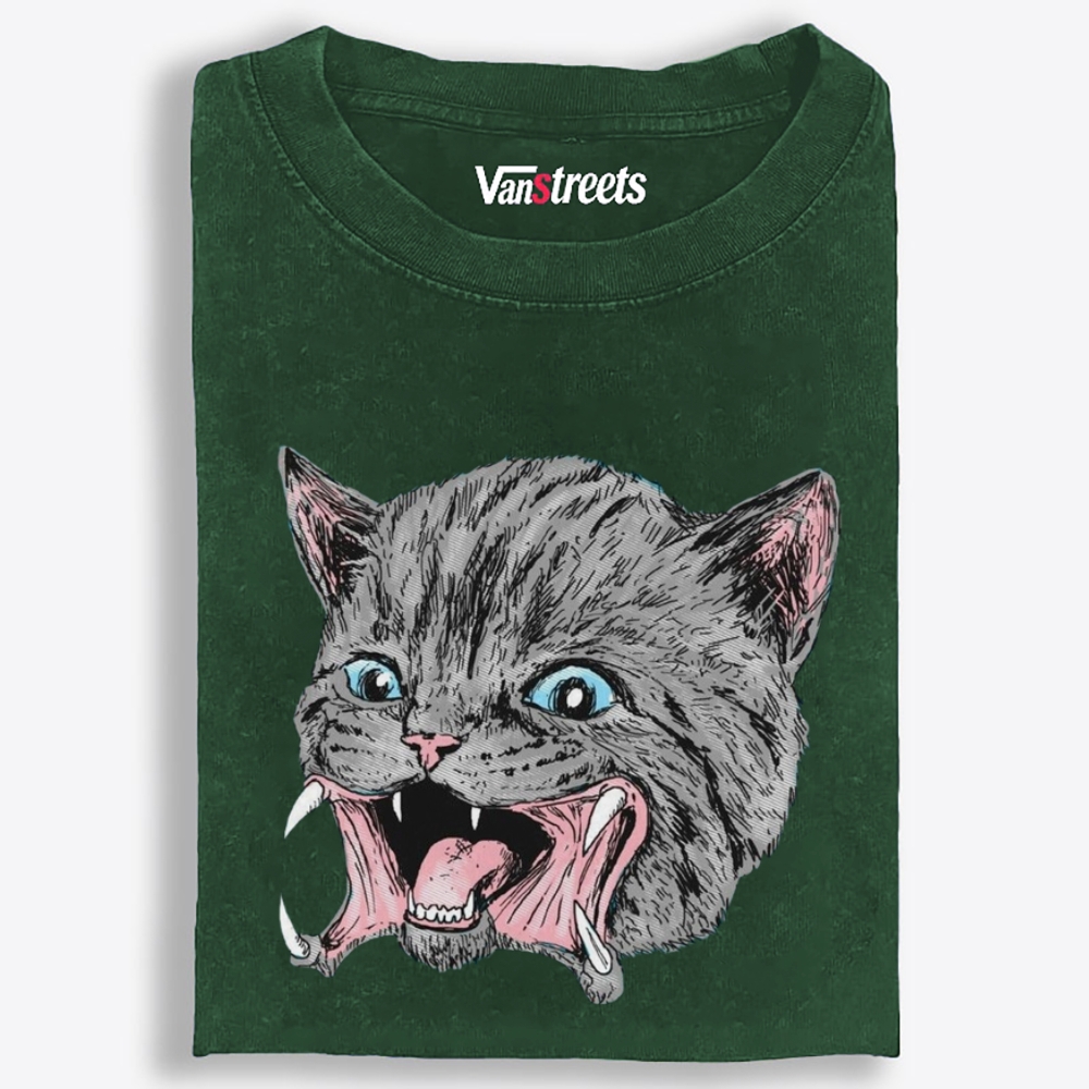 Screaming Gray Cat Retro Washed T-Shirt | 100% Cotton | Streetwear Essential