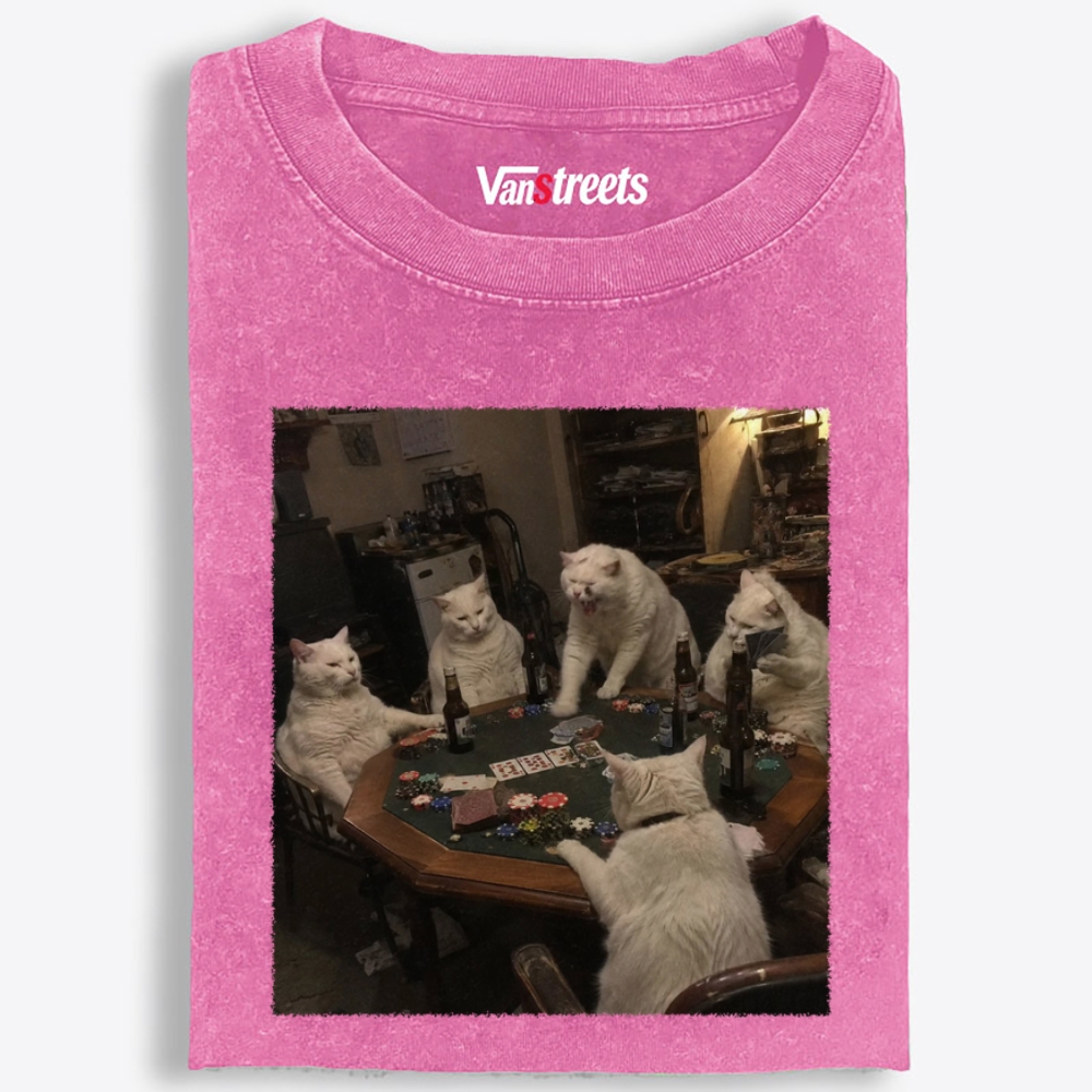 White Cats Mahjong Night Retro Washed T-Shirt | 100% Cotton | Streetwear Essential