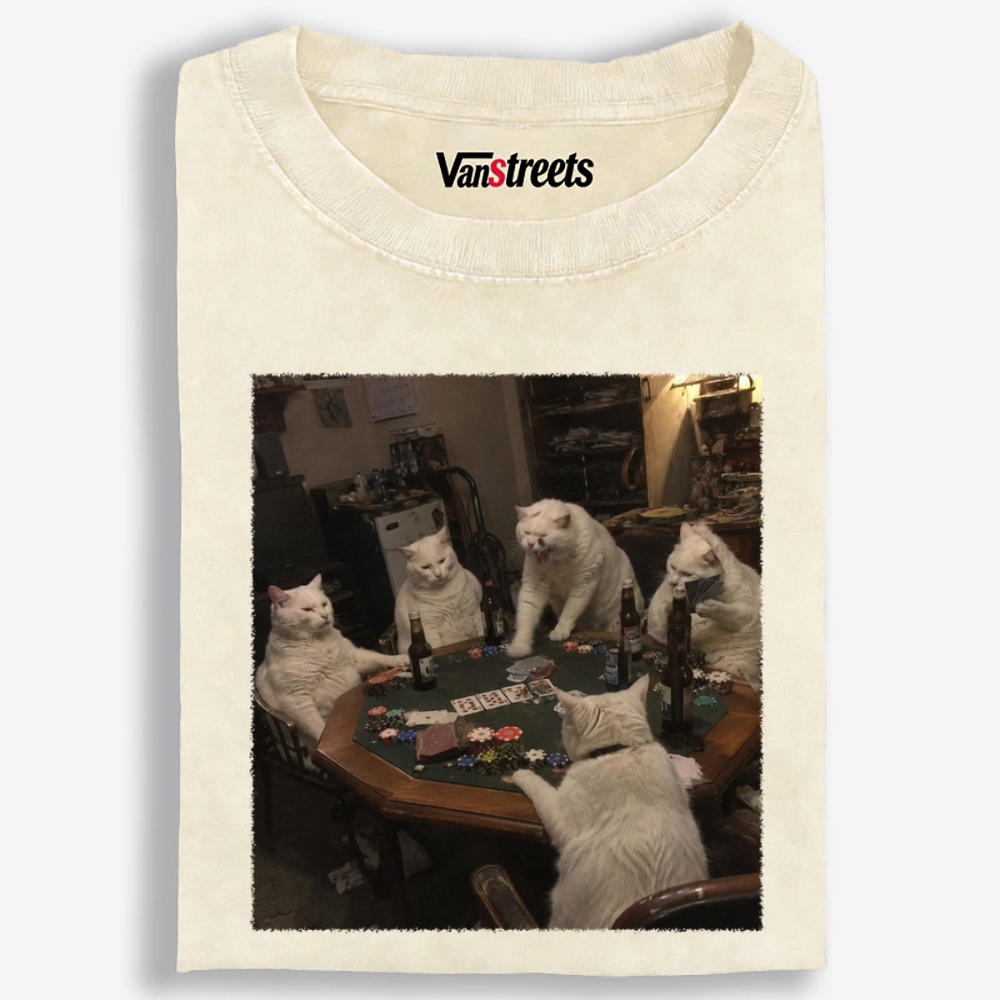 White Cats Mahjong Night Retro Washed T-Shirt | 100% Cotton | Streetwear Essential